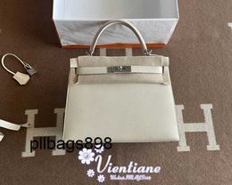 Handbag Keliys Genuine Leather 7A Directors hand sewn bag 28cm white chalk white 10 Craie Epsom cowhide silver buckle