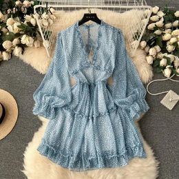 Casual Dresses Gagaok Vacation Dress Women European American Sexy Hollow Out Backless Low Cut Floral Temperament Chiffon Vestidos