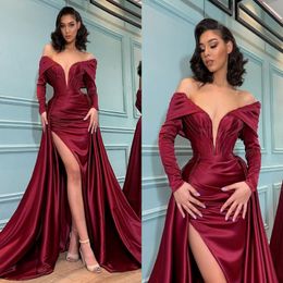 Burgundy Overskirts Mermaid Evening Dresses Arabic Aso Ebi Pleats Satin Long Sleeves Sexy High Side Slit Prom Gowns Off The Shoulder Wo 3087