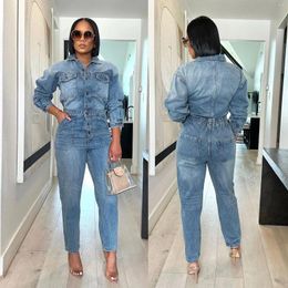 Women's Jeans Women Long Sleeve Single Breasted Overalls Ankle Length Pencil Pants Denim Pockets High Street Solid Button Jumpsuits