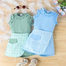 Clothing Sets Girl Set Children 2Pcs Summer Outfits Baby Solid Color Frills Sleeveless Tank Tops Plaid Shorts Kid Girls Clothes