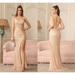 Gold Sequins Bridesmaid Formal Prom Evening Gowns Thigh-High Split Strappy Lace-Up On Open Back Long Train Party Dress Cps1999 0514