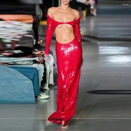 Casual Dresses Summer Sexy Red Sequins Backless Hem Split Long Dress