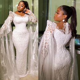 Stunning lace Mermaid Wedding Dress sheer jewel neck Bridal Gowns for black women long sleeves Aso ebi African Arabic plus size wedding dresses