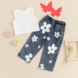 Clothing Sets Toddler Girl Denim Outfit 2Piece Pants Set Solid Colour Ribbed Sleeveless Tank Tops And Floral Jeans Clothes