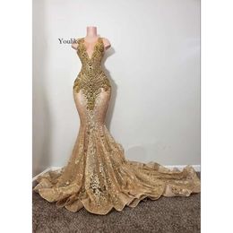 Gold Champagne Sparkly African Evening Pageant Dresses For Women Diamond Crystal Prom Queen Gown Vestidos De Gala Mujer 0514