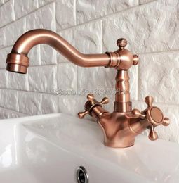 Bathroom Sink Faucets Antique Red Copper Dual Handle Basin Faucet Vessel Mixer Tap Swivel Spout Cold & Water Wrg053
