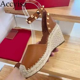 Sandals Spring Autumn Solid Color Slope Heel Rivet Design Genuine Leather Back Strap High Heels Daily Casual Commuter Shoes 2024