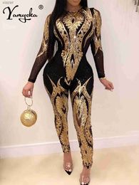 Women's Jumpsuits Rompers Sexy long sleeved sequin tight fitting suit for women one piece birthday party and nightclub set WX