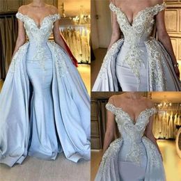 2023 Light Blue Mermaid Evening Dresses Lace Applique Beaded Sequins with Overskirt Designer Floor Length Custom Made Formal Occasion W 240s