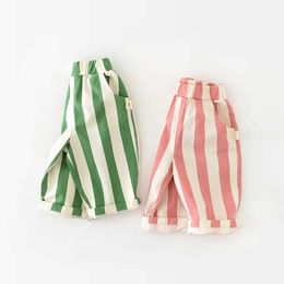 Trousers MiniAinis Spring New Baby High Waist Colorful Striped Girls Pocket Pants Childrens and Boys Outdoor Cotton Trousers Preschool ClothingL2405