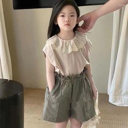 Clothing Sets Girls Kids Clothes Petal Collar Drop Shoulder Short Sleeve Top High Elastic Waist Shorts Two Piece Set 2024 Summer