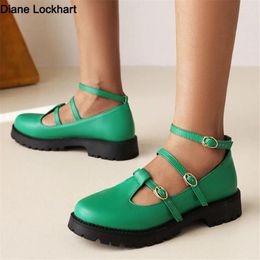 Casual Shoes 2024 Women Flats Ankle Strap Buckle Loafers Fashion Round Toe Platform Ladies Retro British Style Size 34-42 Green