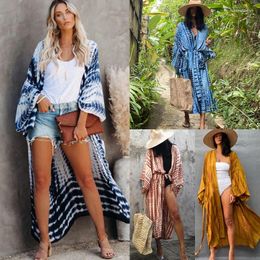 European And American Tie Dye Pattern Printed Sun Protection Cardigans Bikini Cover Ups Swimsuit Holiday Jacket Dress For Women