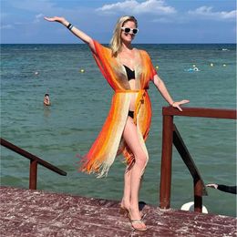 Summer Vacation Beach Bikini Cover Dress Short sleeved Fringe Gradient Cardigan Fashion Knitted Hollow View Smoke 240430