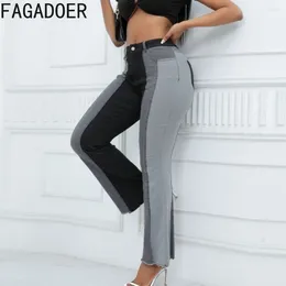 Women's Jeans FAGADOER Fashion Color Patchwork Denim Skinny Pants Women High Waist Button Elasticity Jean Trousers Female Cowboy Bottoms