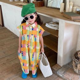 Clothing Sets Summer Girls Jumpsuit Children Short Sleeves Wide Leg Pants Kids Outfits Turn-down Collar Holiday Style Beach Clothes 3-8T