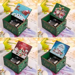 Decorative Figurines Green Merry Christmas Music Box Wooden Hand-cranked Musical Cartoon Santa Claus Theme Year Gift For Children