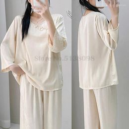 Home Clothing Chinese Style Pyjamas Women's Spring Summer Silk Satin Thin Long Sleeved Pants Sleepwear Round Neck Printed Clothes