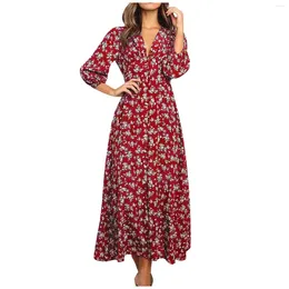 Casual Dresses Womens Long Sleeve Bohemian Floral Maxi Loose High Waist Boho Printed Dress Beach Vestido Feminino