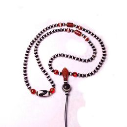 Beaded Necklaces Xizang Black/White Line 1/Sky Eye/Tiger Tooth Totem Agate Dzi Beads Natural Red Agate Stone Carved Conch 108 Beads Necklace d240514