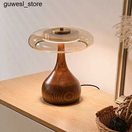 Night Lights 12W Luxury Copper Desktop LED Designer Wooden Glass Table Lamp for Bedroom Home Art Decoration Mushroom Table Night Light S240513