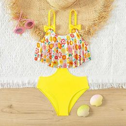 Two-Pieces Summer yellow printed childrens one-piece swimsuit suitable for teenagers and girls 5-14Y beach wearing cute swimsuitsL2405