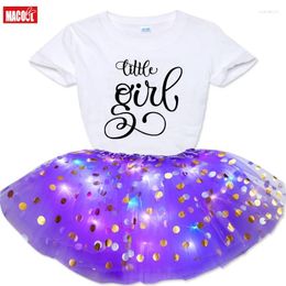 Clothing Sets 2024 Summer Autumn Kid Baby Girls Custom Printing Tops T-shirt Glow Sequins Skirts Dress Outfit Clothes Set