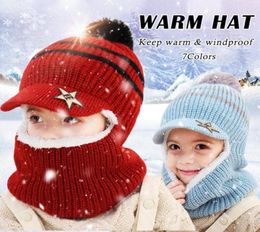 Scarves 2021 Knit Short Plush Hooded Scarf Kids Hat And Child Winter Warm Protection Ear Pom Cap Girls Boy Accessories4224010
