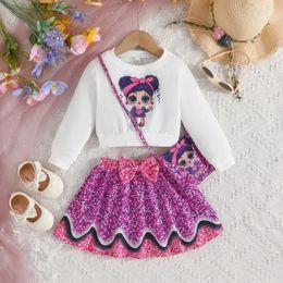 Girl Dresses Clothing Set For Kid 2-7 Years Old Cartoon Long Sleeve Tee And Bow Front Skirt With Bag Outfit Kids Wear Ootd Baby