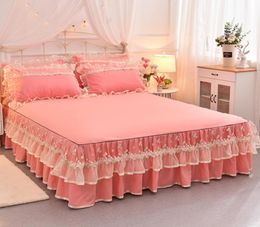 Pink Beige Blue Lace Bed Skirt Home Textile Solid Princess Bedspread Pillowcases Korean Fitted sheet 151820 Mattress Cover 3p2814666