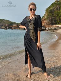Indie Folk Lace Up V-Neck Batwing Sleeved Summer Beach Tunic Women Beachwear Embroidered Kaftan Maxi Dress Robe Sarong Q775