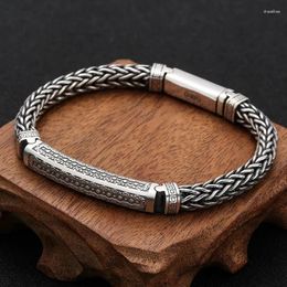 Link Bracelets Silver Colour Handwoven Safety Pattern Bracelet Personalised Men's Fashion Retro Old Thai Jewellery