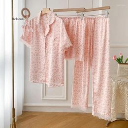 Home Clothing 2024 Women Pajamas Set Satin Soft Casual Underwear Short Sleeve Shorts Homewear Suit Leopard Print Turn-Down Collar Lingerie