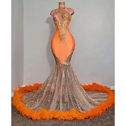 Black Girls Orange Mermaid Prom Dresses 2023 Satin Beading Sequined High Neck Feathers Luxury Skirt Evening Party Formal Gowns For Wome 235U