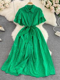 Party Dresses Summer Retro Long Dress Wmen Lapel Flared Sleeve Single Breasted Hook Flower Hollow Out A-line Ladies Elegant Robe