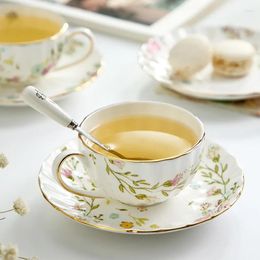 Mugs Simple Golden Edge Bone China Coffee Cup And Saucer Country Style Ceramic English Set Flower Tea Custom Logo