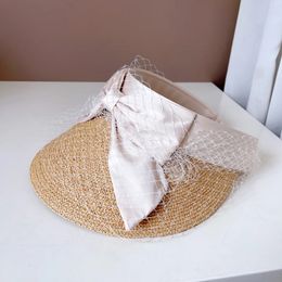 02yl2508364 ins chic japan summer raffia grass mesh bowknot without lady sunshade hat woman visors cap 240514