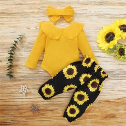 Clothing Sets 0-24months Baby Girls Clothes Set Solid Yellow Ribbing Romper Sunflower Loose Trousers Bow Headband Girls 3pcs Outfits