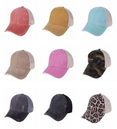 Ponytail Hats 9 Colours Washed Cross Mesh Back Leopard Camo Hollow Messy Bun Baseball Cap Trucker Hat CYZ31545347083