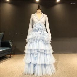 Party Dresses Real Pictures Sky Blue Color Satin And TulleFull Sleeves V-neck Custom Made A-line Formal Prom Bridal Evening Dress