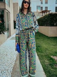 KONDALA Vintage Green Floral Women Suits Long Sleeve Single Button Loose Shirts Women and High Wasit Wide Leg Pants Boho Sets 240514