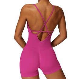 Lu Yoga Align Suit Sexy Women Seamless V Neck Cross Back Shorts Sports Dance Wear Yoga Jumpsuit Fiess Bodysuit LL Lemon Sports Gym