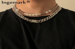 2PcsSet Luxury Iced Out Rhinestone Chain Fashion Punk Simulated Pearls Choker Necklace Women Man Miami Cuban Collier Bijoux Penda1689227