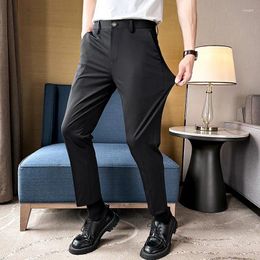 Men's Suits High Elasticity Men Suit Pants 2024 Summer Thin Ice Silk Formal Ankle Length Slim Fit Dress Solid Casual Nine Point