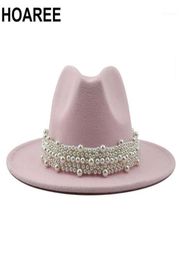 Stingy Brim Hats Pink Jazz Fedora Wedding Women Pearl Felt Hat White Elegant Ladies Woollen Panama Trilby Formal Party Cap 5861CM14364100