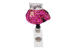 In stock Key Rings 10pcslot Crystal Rhinestone Pink Breast Cancer Awareness Boxing Gloves Retractable Badge Reel ID Holder7401237