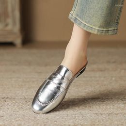 Slippers 2024 Women Genuine Leather Shoes Flats Heels Loafers Comfort Closed Toe Female Spring Summer