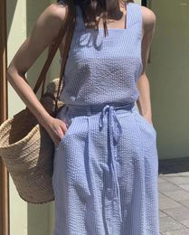 Work Dresses Refreshing Summer Style Square Neck Blue Stripe Sleeveless Tank Top Paired With High Waist Slim Skirt Two Piece Set