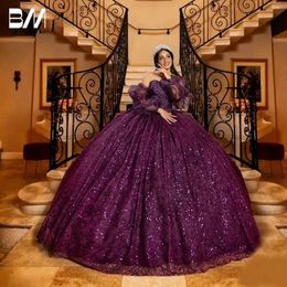 Purple Ball Quinceanera Shiny 3D Flowers Bridal Gown Party Floor-length Bride Dresses Vestidos De Novia